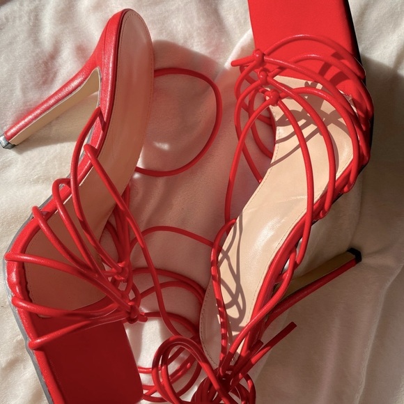 Red Strappy Square Toe Lace-Up Women's Heels - Picture 9 of 11